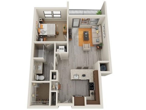 Floor plan for 1 bed, 1 bath, 741 sqft